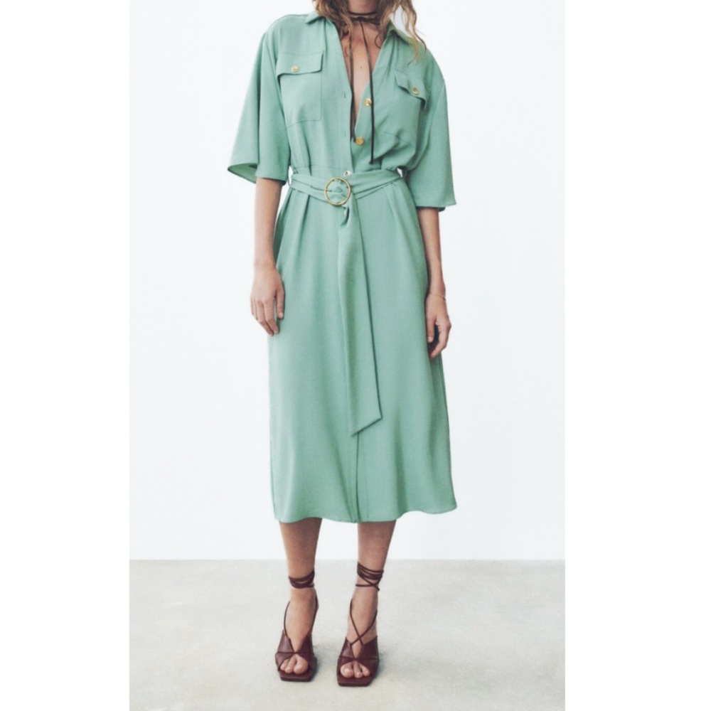 Zara Mint Green Midi Shirt Dress with Belt